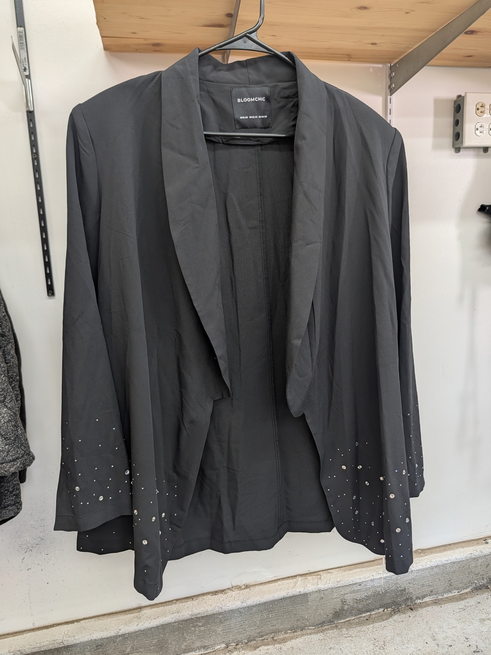 BloomChic Black Draped Open-Front Blazer with Stud Detail And Shoulder Pads